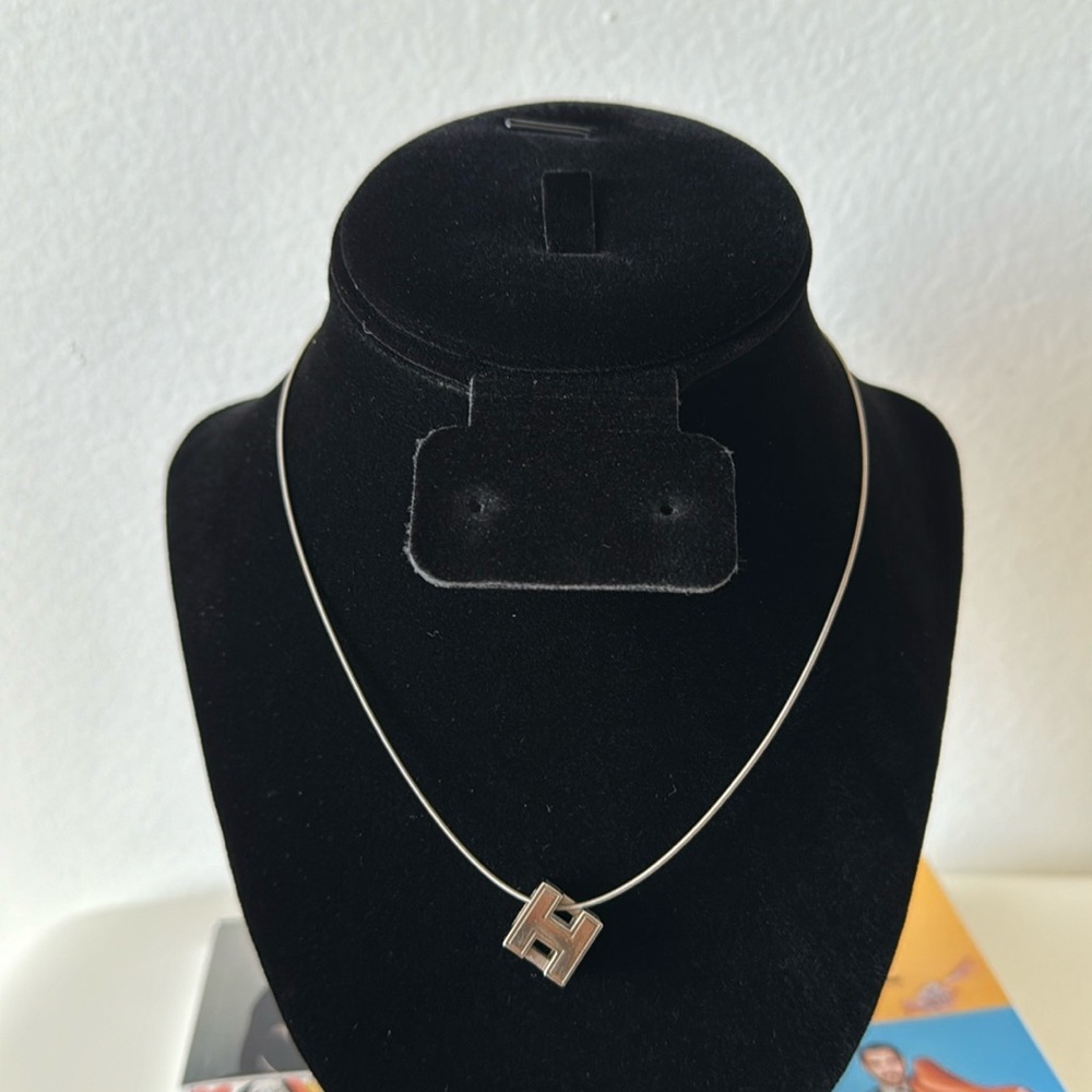 HERMES RARE Color Silver Tone Necklace with 2-Way H Pendant with pouch & box - Picture 3 of 5